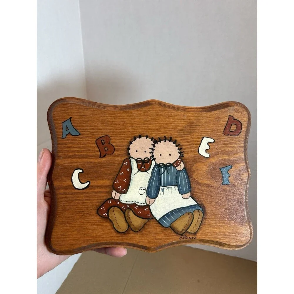Vintage Wooden Wall Folk Art Kids Dolls ABC Hand Painted 9in Primitive Amish
